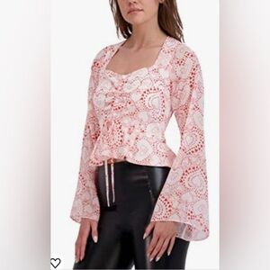 BCBGeneration peplum bell long sleeve sweetheart sheer white red valentines top